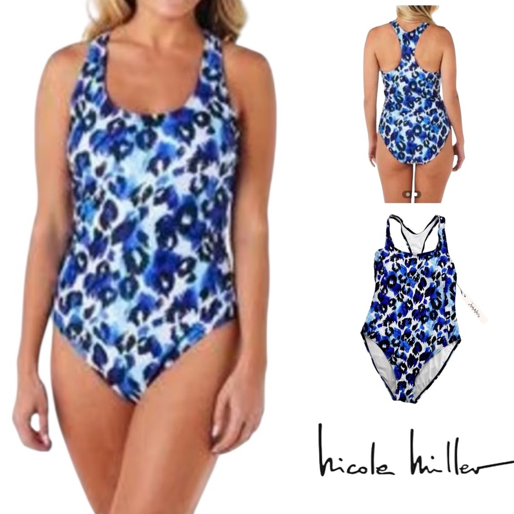 Nicole Miller Studio Blue Black Cheetah Racerback One Piece Swimsuit Sz. S NWT